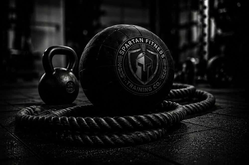 Spartan Fitness Training Co. equipment — kettlebell, medicine ball, and battle rope